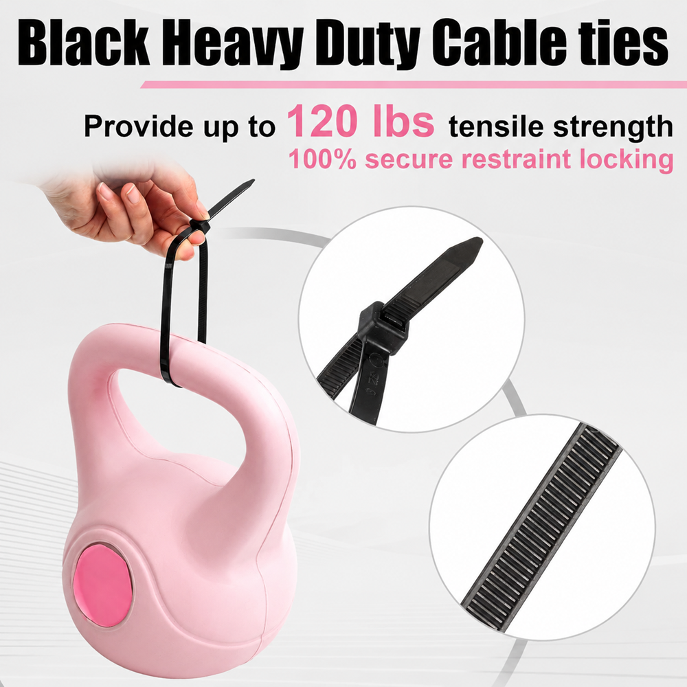 TIESELX 8 Inch Extra Heavy Duty Black Zip Ties (100 Pack) – 120LB Tensile Strength | Premium Nylon 66 Cable Ties for Wire Management, Electrical, Automotive & Industrial Use | UV & Heat Resistant Self-Locking - Image 4