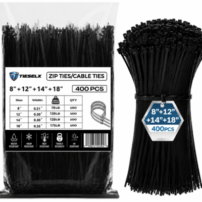 TIESELX heavy duty black zip ties assorted sizes 400 pack 8 12 14 18 inch 78-175LB