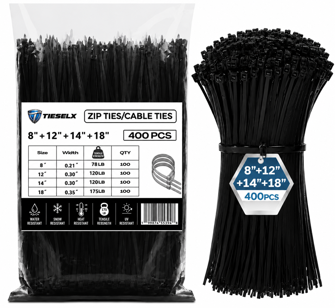 TIESELX heavy duty black zip ties assorted sizes 400 pack 8 12 14 18 inch 78-175LB