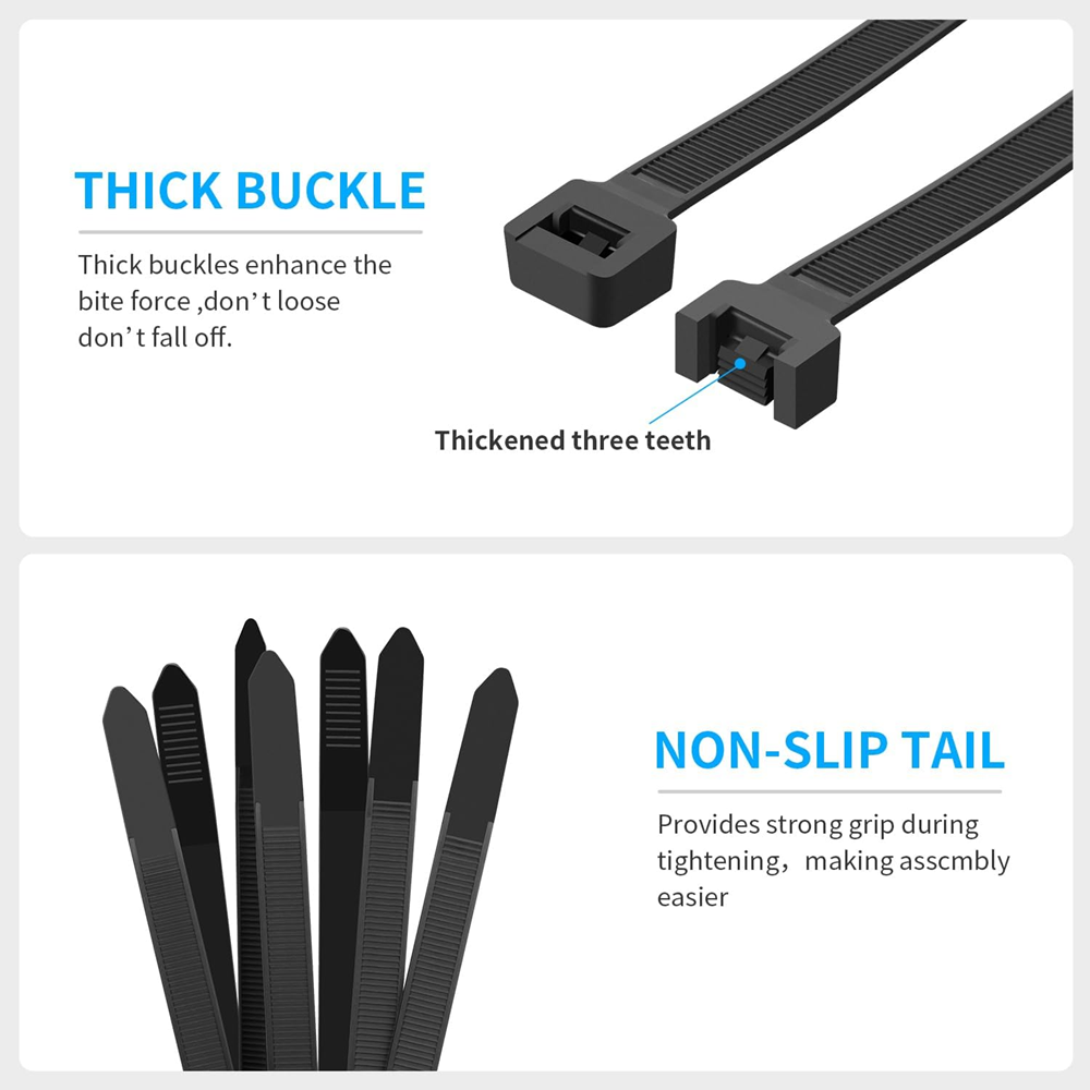 Black heavy-duty zip ties made from Nylon 66 featuring thick buckle locking teeth and non-slip tail design for strong grip, secure tightening, and reliable cable management.