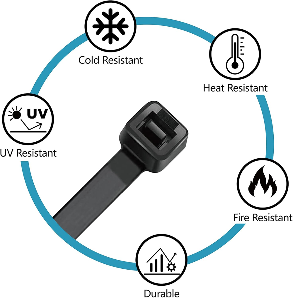 Black heavy-duty zip ties made from Nylon 66 featuring UV resistance, heat resistance, fire resistance, cold resistance, and durable outdoor performance for secure cable management in industrial and household use.