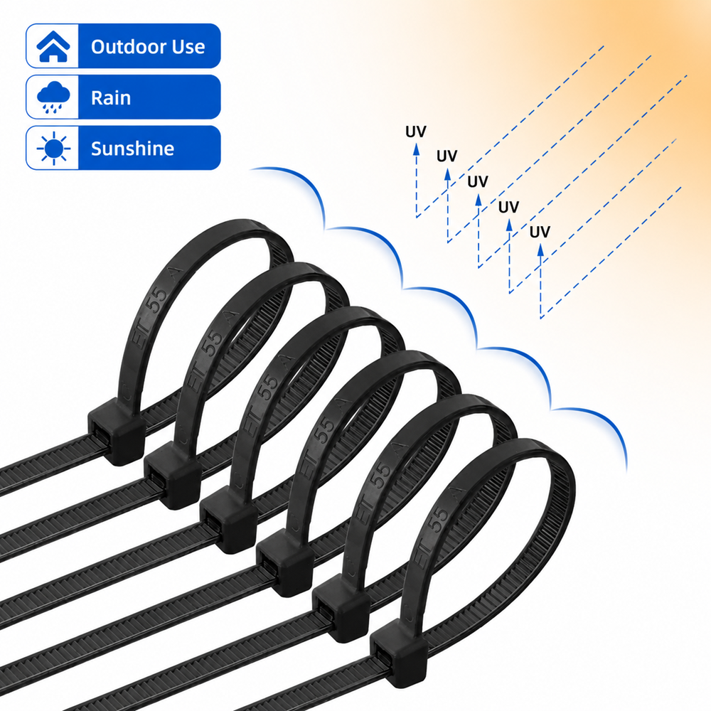 Black heavy-duty zip ties made from Nylon 66, UV resistant, designed for outdoor use, shown securing cables with strong weather-resistant performance under sunlight exposure.
