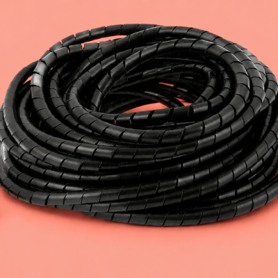 Black spiral cable organizer coiled on a salmon color background, flexible wire management sleeve with segmented design for organizing computer and electronic cables