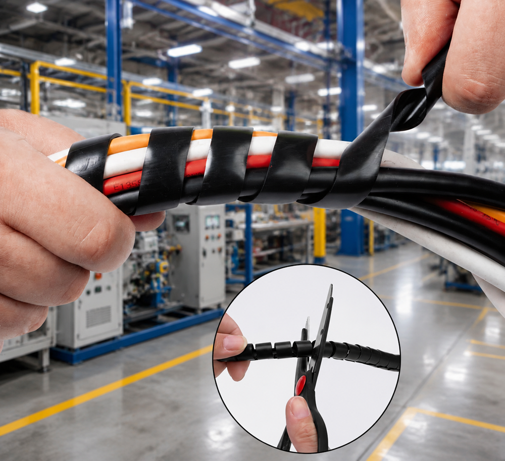 Black spiral cable management sleeve being wrapped around multiple wires in an industrial factory environment, showing flexible wire protection and easy cutting installation for cable organization