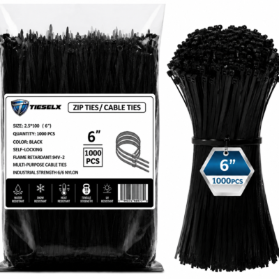 TIESELX 6 inch heavy duty black zip ties 1000 pack bulk 50LB tensile UV resistant