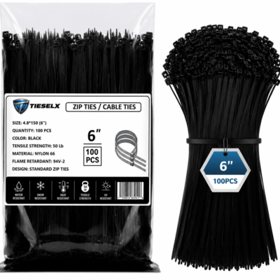 TIESELX 6 inch heavy duty black zip ties 100 pack 50LB tensile UV resistant nylon 6/6