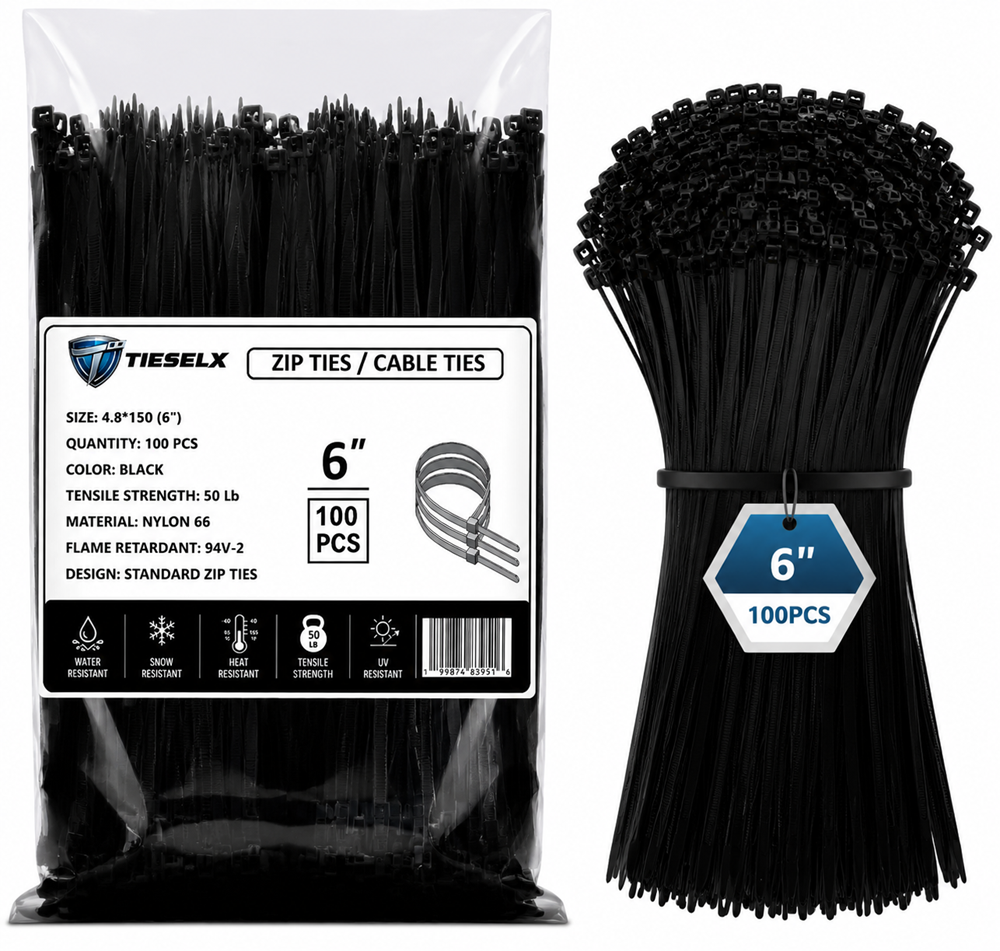 TIESELX 6 inch heavy duty black zip ties 100 pack 50LB tensile UV resistant nylon 6/6