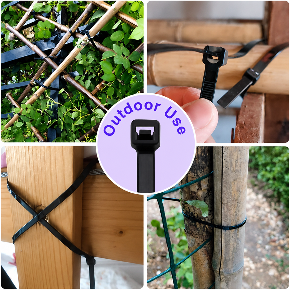 Black heavy duty 14 inch zip ties, 100 pcs pack, made of Nylon 66, UV resistant industrial cable ties for secure cable management and outdoor use.