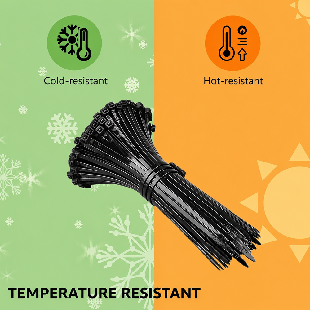 Black heavy-duty zip ties made from Nylon 66 showing temperature resistance, cold-resistant and heat-resistant performance with outdoor durability for all weather conditions.
