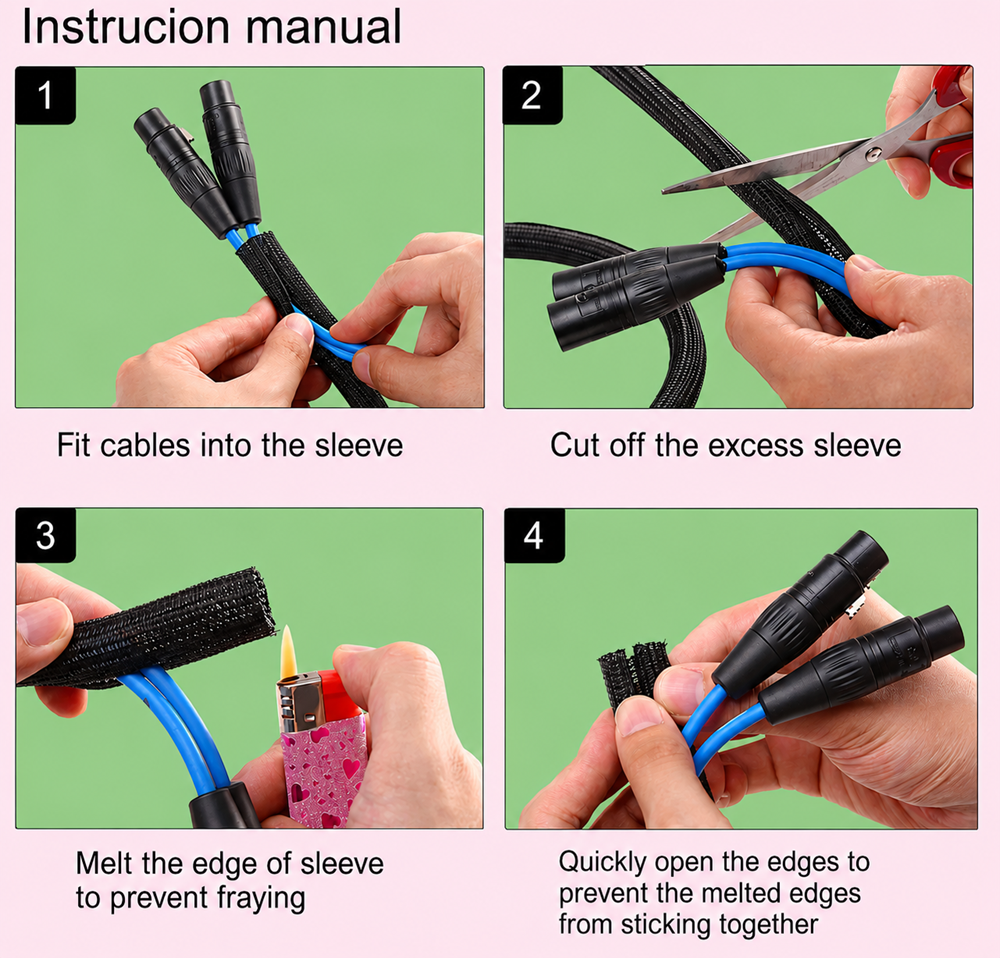 Four-step installation instructions showing how to insert cables into a braided cable sleeve, trim to length, heat seal the ends, and prevent fraying for durable cable management.