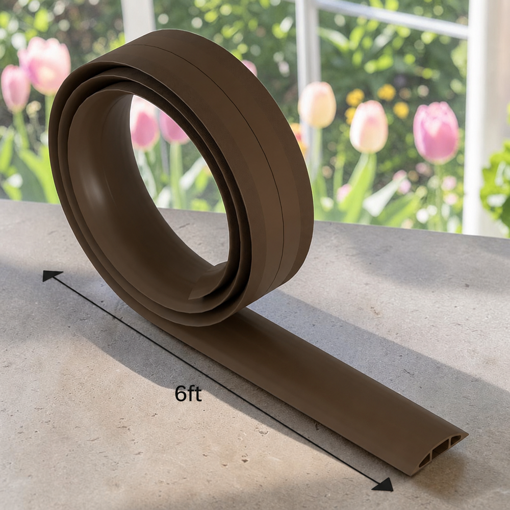 Brown 6ft cord cover cable protector with length measurement in outdoor home setting, durable floor cable management cover for protecting wires