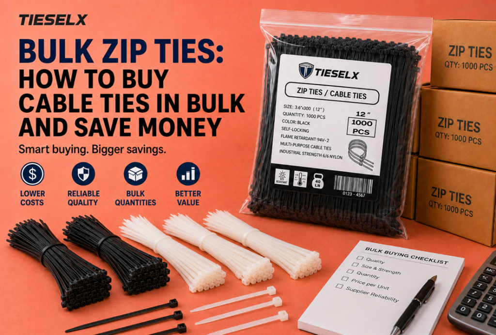 TIESELX bulk black and white zip ties with 1000-piece pack on coral background