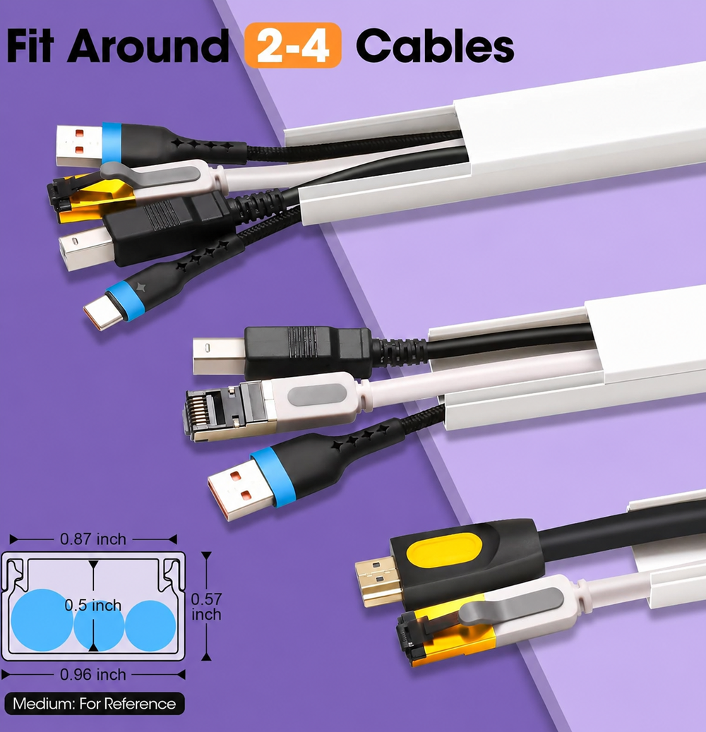 White cable management raceway organizer holding 2 to 4 cables with multiple wires neatly hidden inside for a clean setup