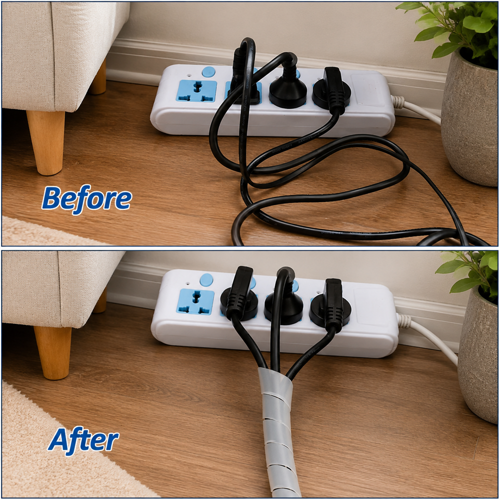 Before and after comparison of cable management sleeve organizing messy power cords under a home outlet, showing neat wire protection and improved cable organization in a living room setting