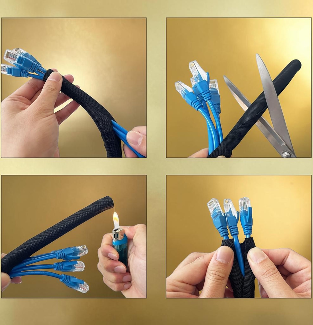 Cable management sleeve installation process showing wire organization, cutting flexibility, flame resistance test, and finished cable protection setup.