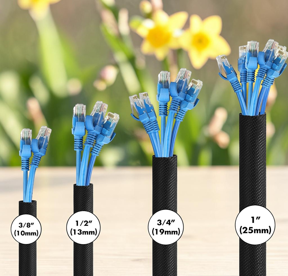 Cable management sleeve size comparison showing 3/8 inch, 1/2 inch, 3/4 inch, and 1 inch wire organizer options with bundled cables.