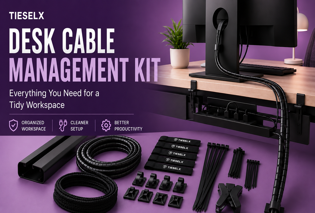 Featured image showing a complete desk cable management kit with cable sleeves, clips, ties, raceways, and an organized monitor setup on a purple background.