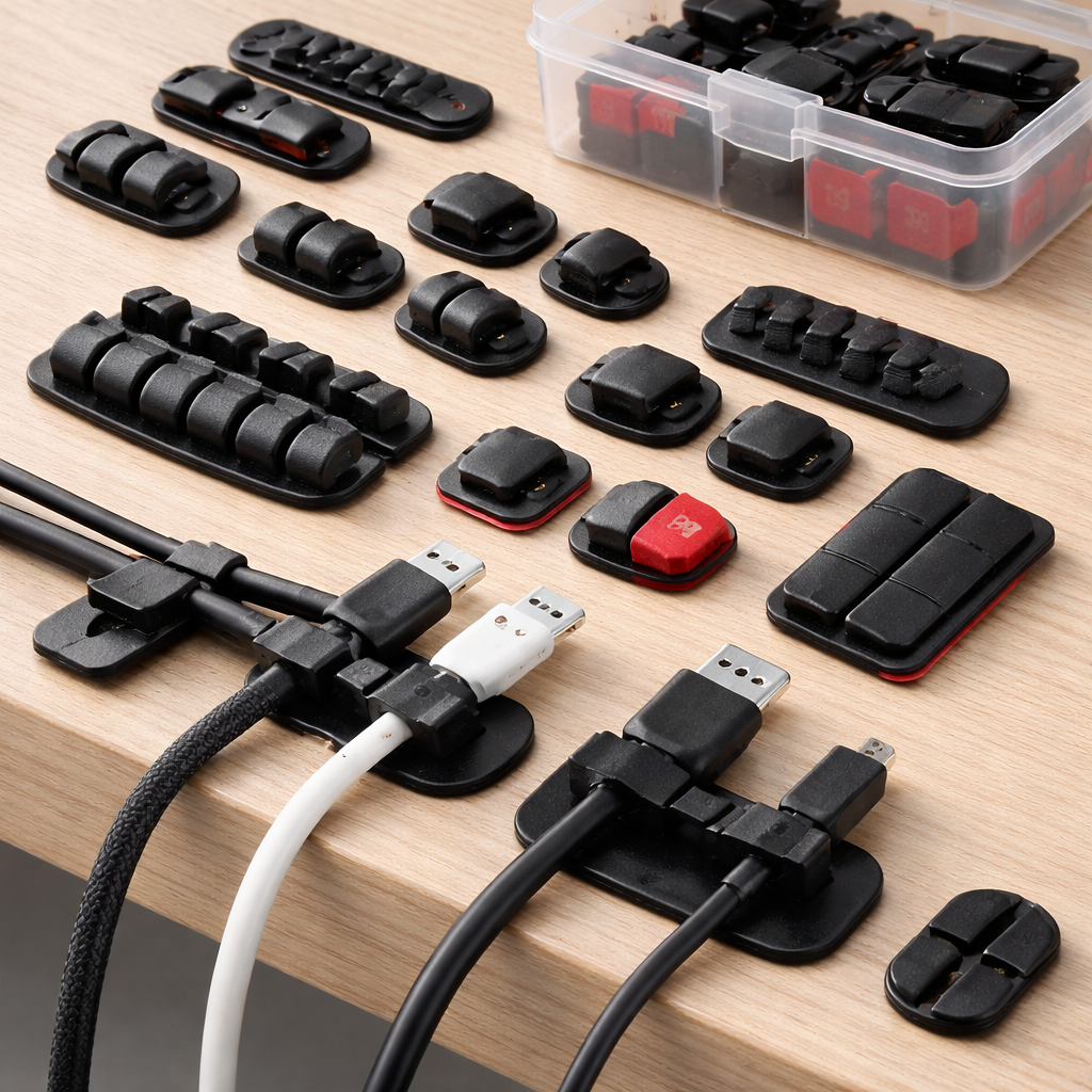 Assorted black adhesive cable clips and cord organizers securing USB and charging cables on a wooden desk.