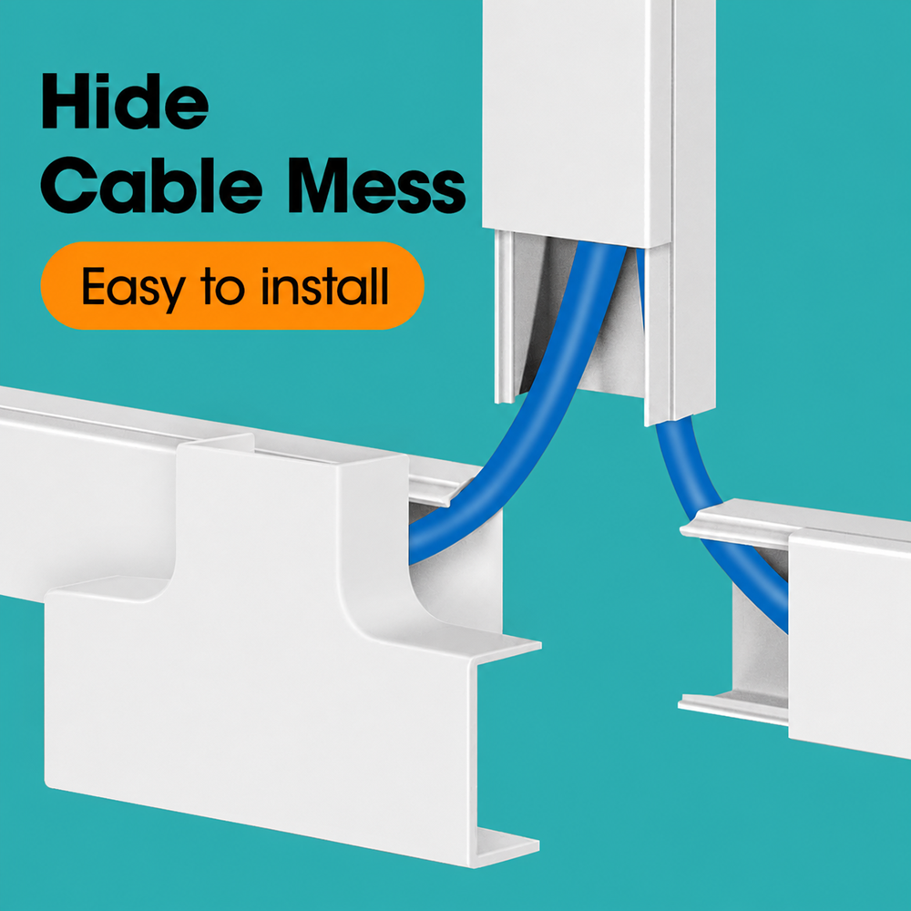 White cable management raceway with blue cables showing easy installation and a clean way to hide cable mess