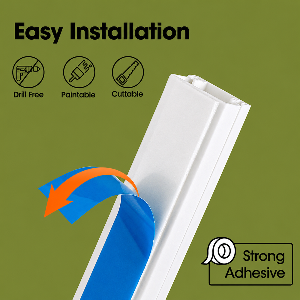 White adhesive cable management raceway showing easy drill-free installation with strong adhesive, paintable and cuttable design