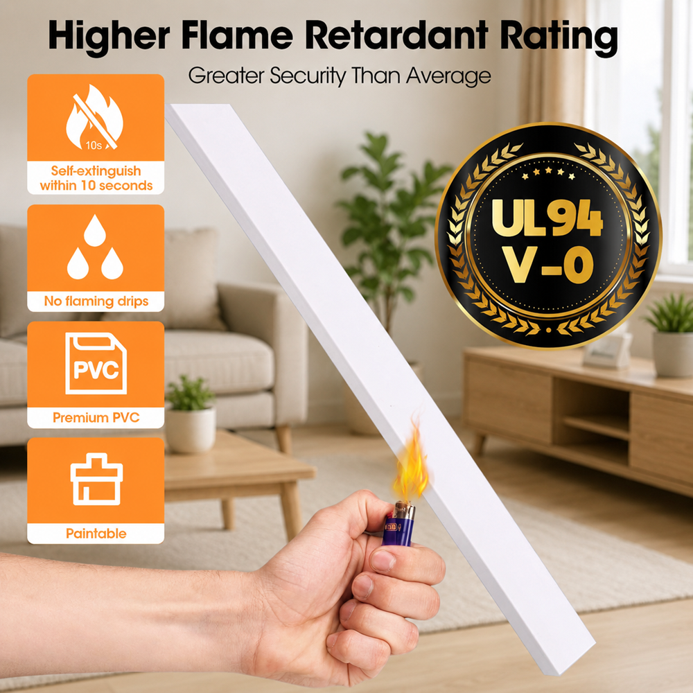 Flame retardant PVC cable management raceway showing UL94 V-0 safety rating, self-extinguishing design, no flaming drips, and paintable surface