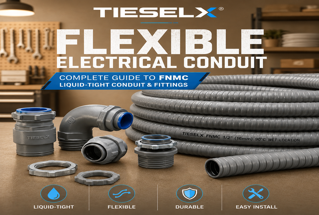 TIESELX flexible electrical conduit and liquid-tight FNMC fittings displayed in a workshop