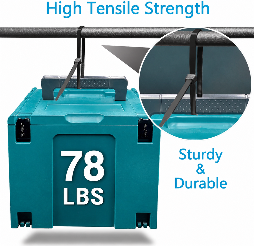 Black heavy-duty 8-inch zip ties with 78 lbs tensile strength made from Nylon 66, UV resistant, shown securing load with strong locking mechanism for industrial and outdoor use.