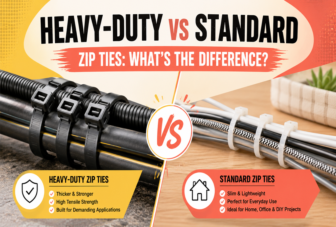 Heavy-duty black zip ties compared with standard white zip ties for industrial and everyday cable management