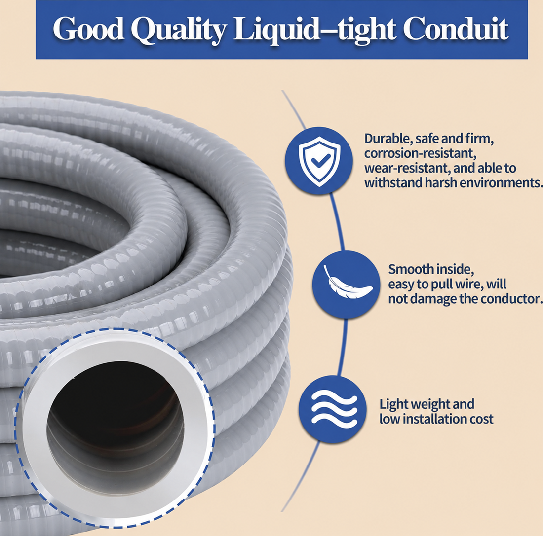 High-quality liquid-tight flexible conduit highlighting durable, corrosion-resistant, smooth interior, lightweight, and easy-installation features.