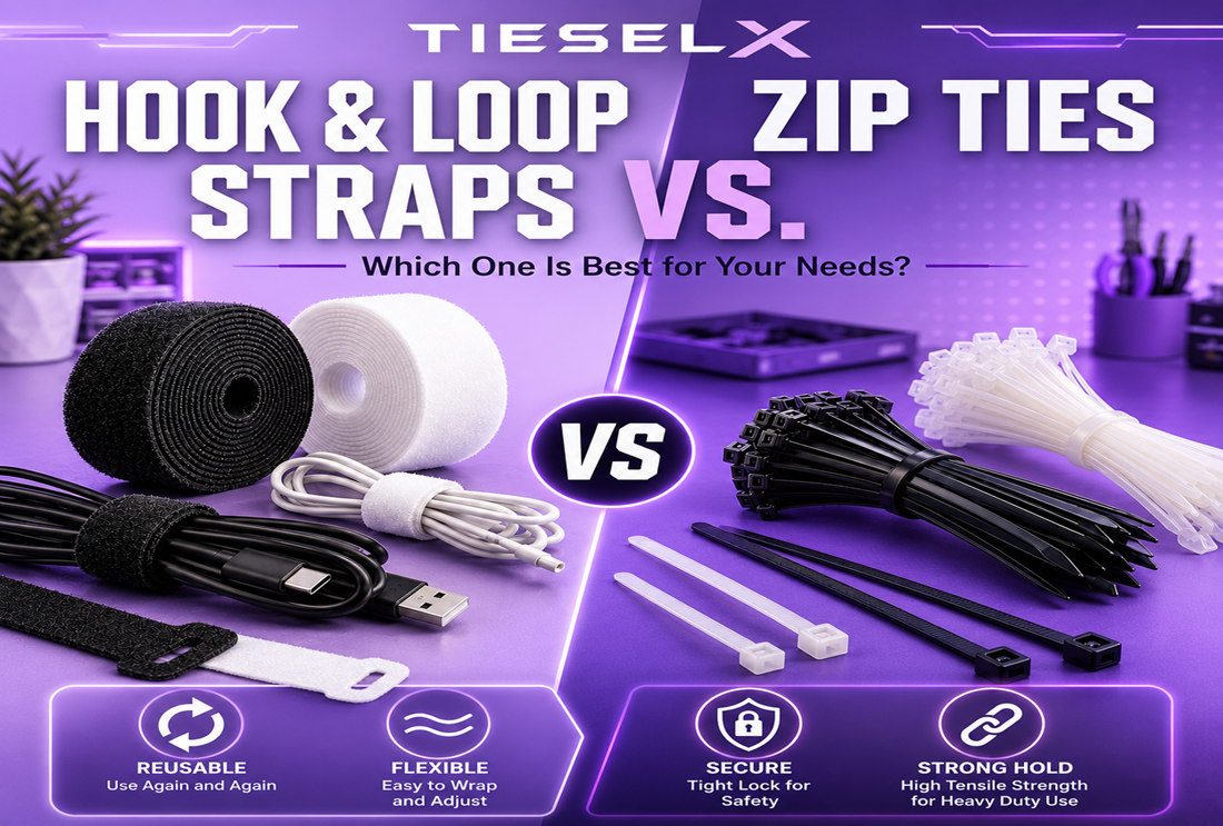 TIESELX comparison of reusable hook and loop straps and black and white zip ties for cable management