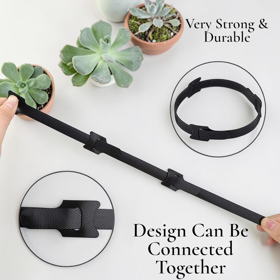 Hook and loop cable strap showing how the design can be connected together, held by hand, with close-up detail of the strap fastening mechanism, ideal for organizing cables.