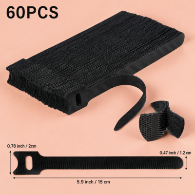 TIESELX reusable hook and loop cable straps in black, adjustable nylon cord ties for cable management