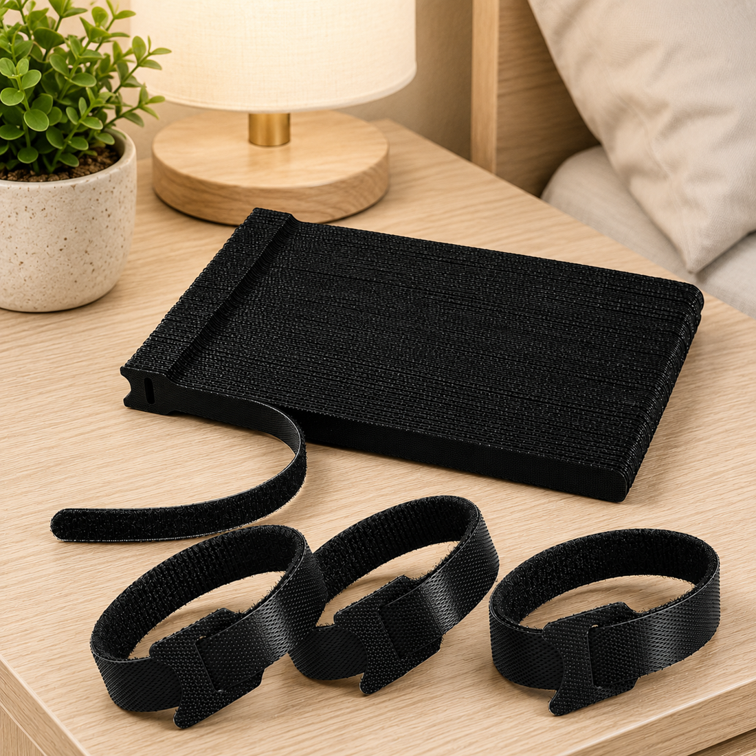 Close-up of black hook and loop cable straps neatly arranged on a well-lit light-colored surface, ideal for organizing cables and small items.
