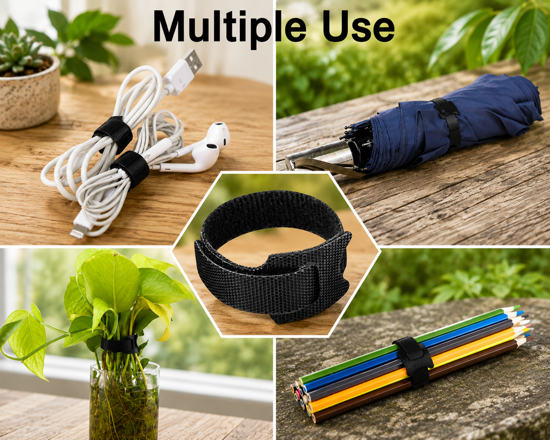 Multiple use of hook and loop cable straps showing cords, cables, plant stems, and colored pencils neatly secured in a natural workspace and outdoor setting.