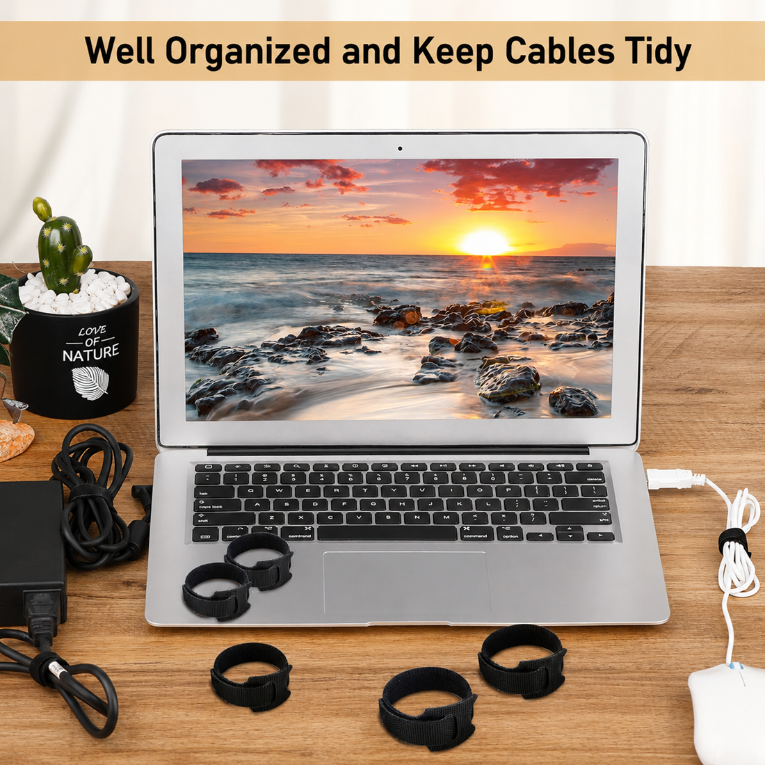 Neatly organized workspace with laptop, mouse, power adapter, and cables secured using black hook and loop cable straps on a wooden desk, showing tidy and well-managed cords.