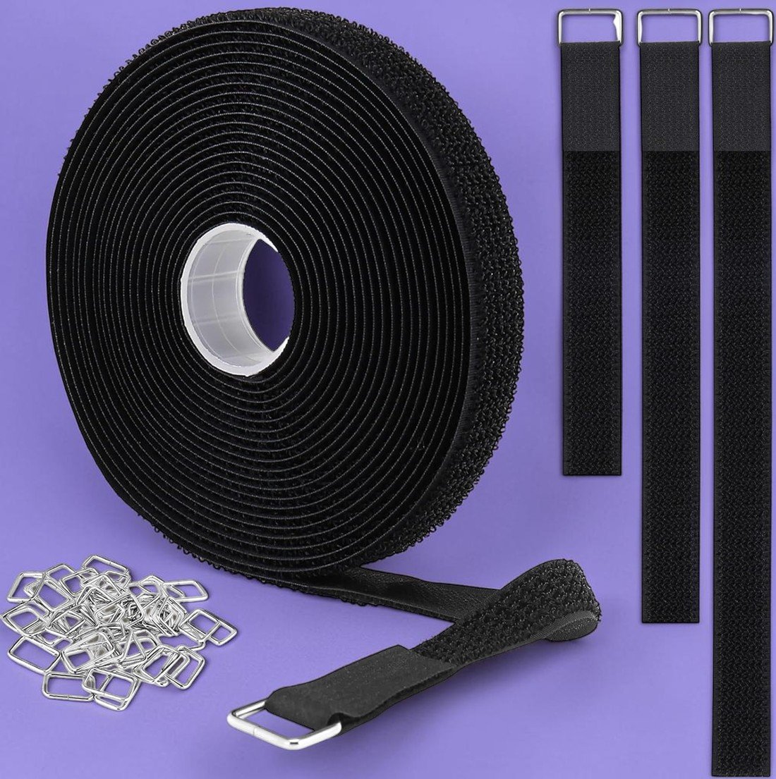 TIESELX cut-to-length hook and loop cable straps with metal buckles, adjustable nylon cinch straps