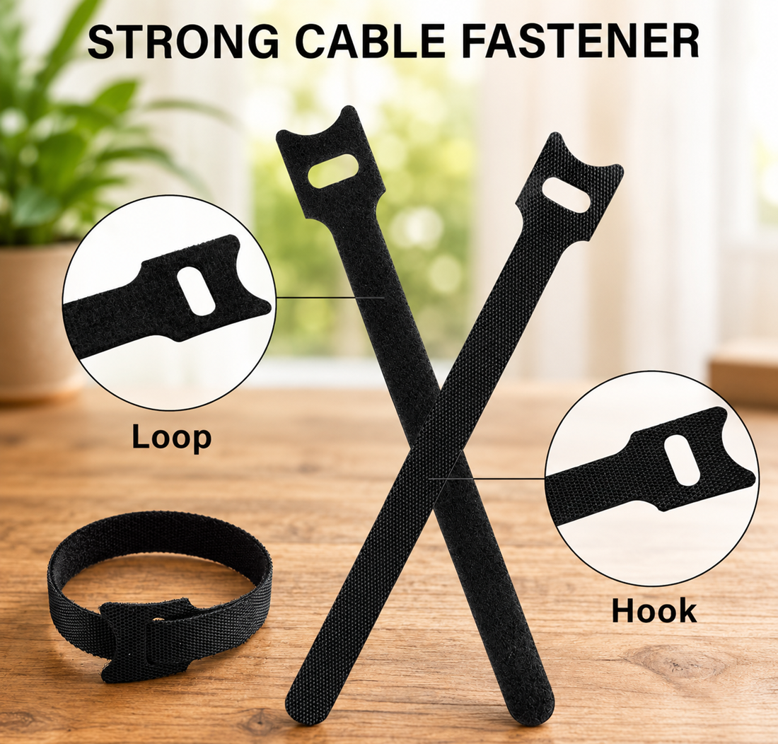 Reusable black hook and loop cable straps showing hook and loop ends, laid out on a neutral surface with close-up views of the fastening ends