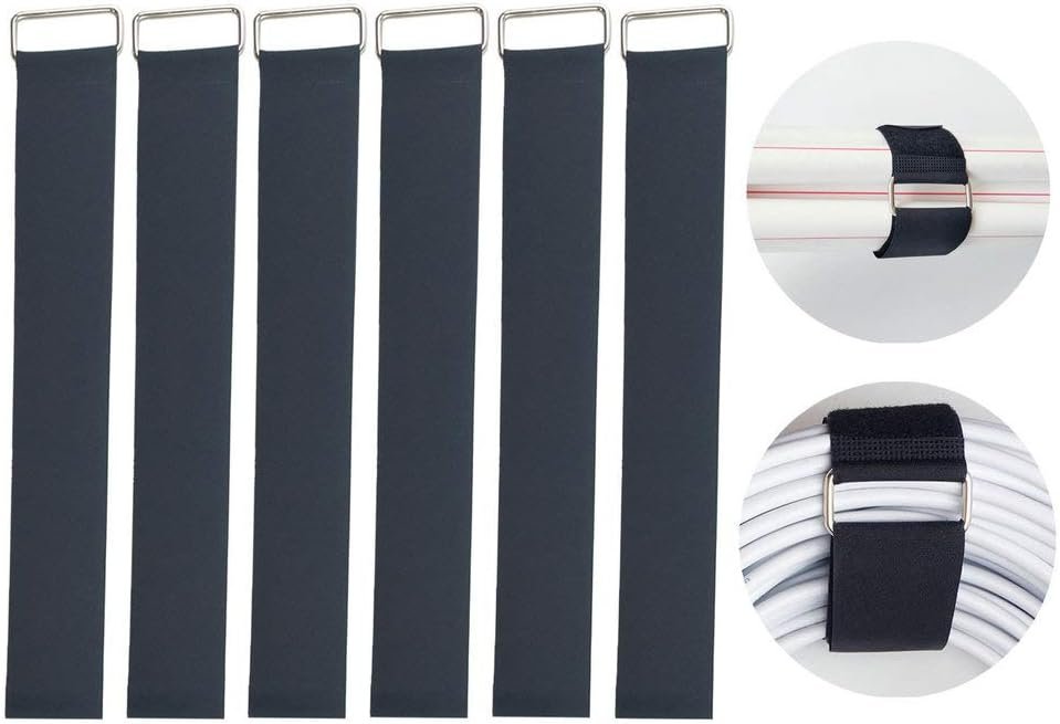 Set of 6 black hook and loop cable straps for organizing cords and wires, showing how they secure cables and tubing.