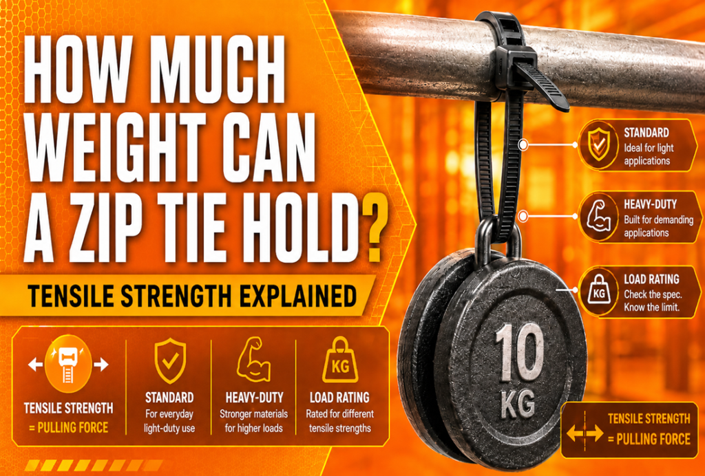 Featured image showing a black zip tie holding a 10 kg weight with tensile strength, standard, heavy-duty, and load-rating information on an orange background.