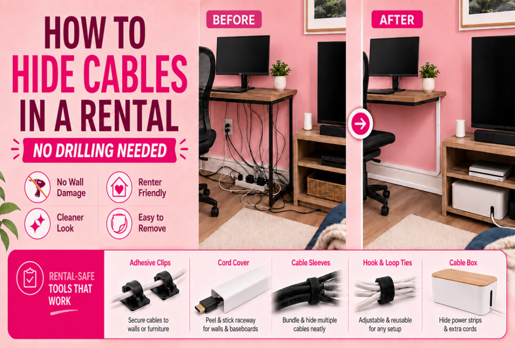 Before-and-after rental cable management setup using adhesive clips, cord covers, cable sleeves, hook-and-loop ties, and a cable box without drilling