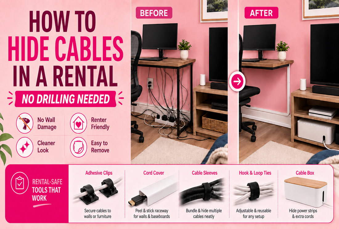 Before-and-after rental cable management setup using adhesive clips, cord covers, cable sleeves, hook-and-loop ties, and a cable box without drilling