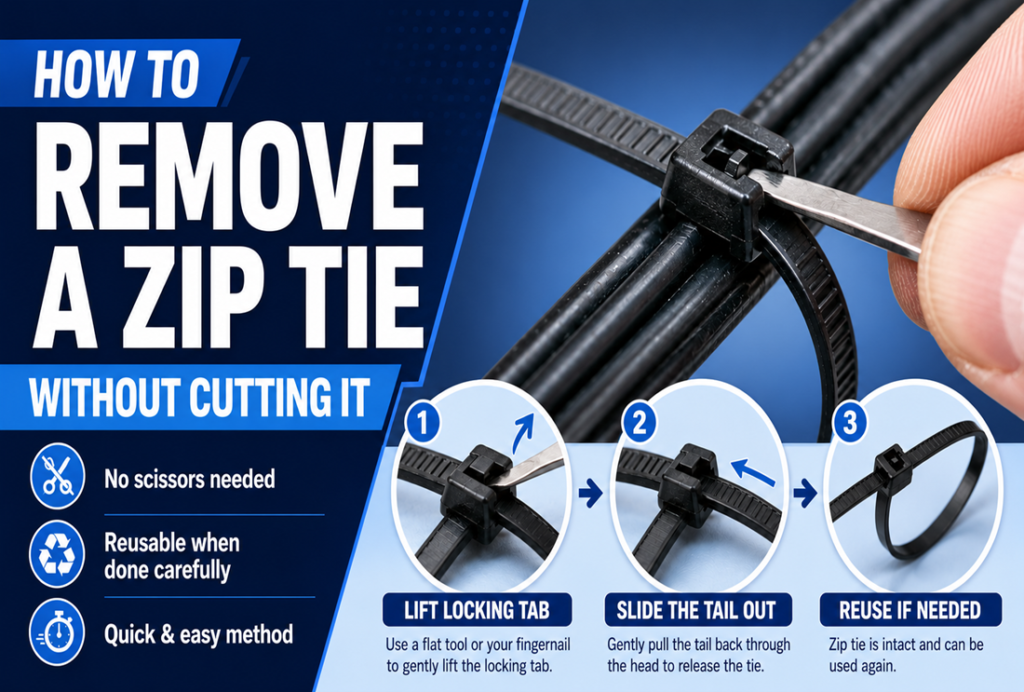Featured image showing how to remove a zip tie without cutting it using a flat tool, with dark and light blue background and step-by-step guide.
