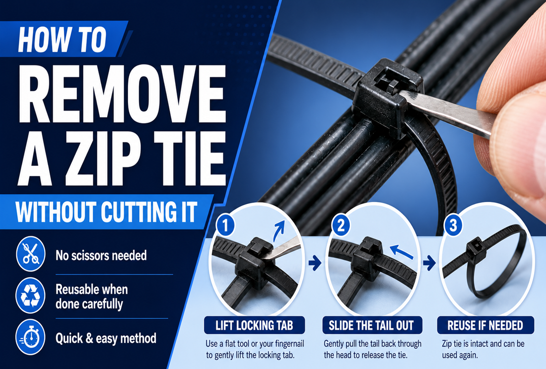Featured image showing how to remove a zip tie without cutting it using a flat tool, with dark and light blue background and step-by-step guide.