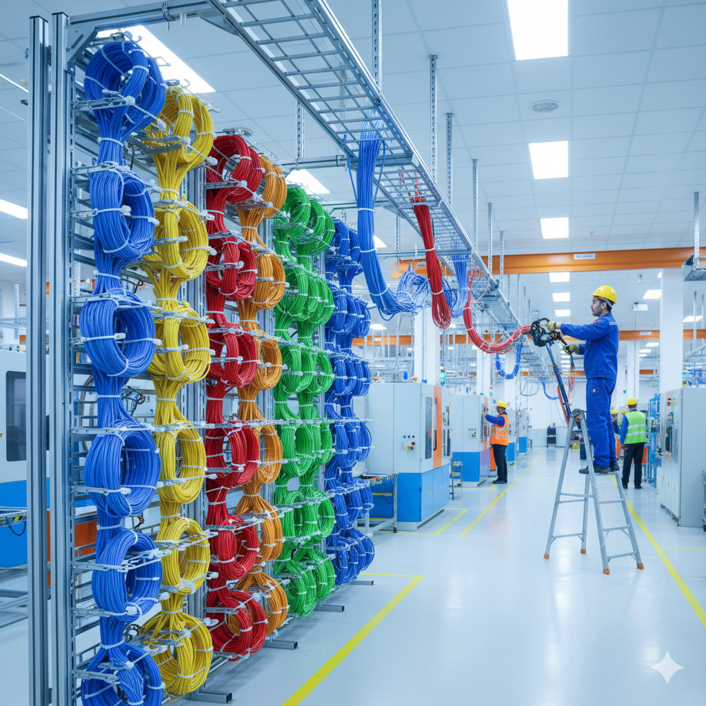 Workers organizing and installing color-coded cable coils inside a modern industrial manufacturing facility.