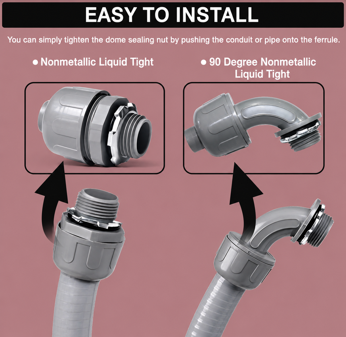 Easy installation guide for nonmetallic liquid-tight conduit fittings showing straight and 90-degree connectors attached to flexible conduit.
