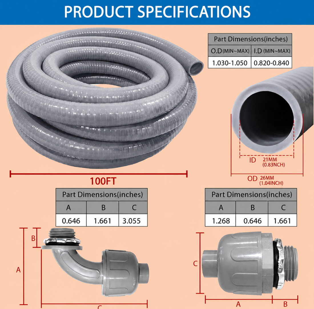 100-foot liquid-tight flexible conduit product specifications showing conduit inner and outer diameter, straight connector dimensions, and 90-degree fitting measurements.