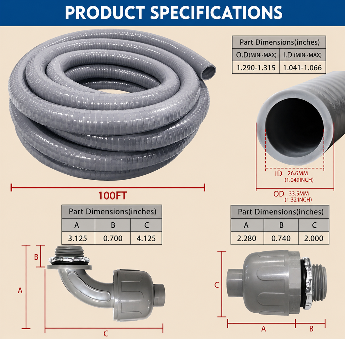 100-foot liquid-tight flexible conduit product specifications showing conduit inner and outer diameter, straight connector dimensions, and 90-degree fitting measurements.