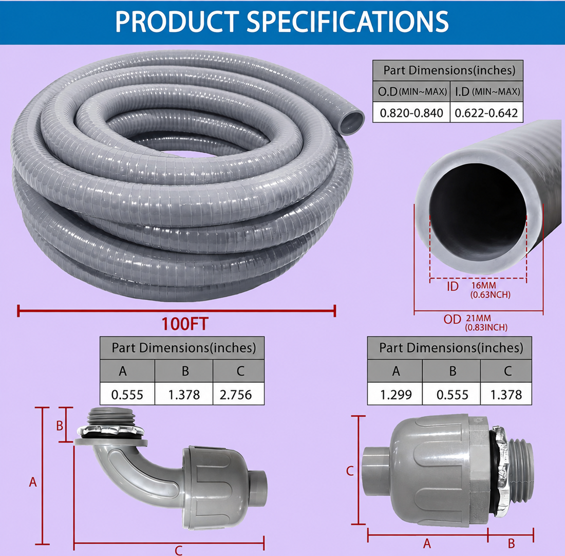 100-foot liquid-tight flexible conduit product specifications showing conduit inner and outer diameter, straight connector dimensions, and 90-degree fitting measurements.