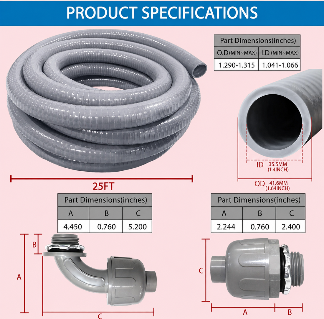 25-foot liquid-tight flexible conduit product specifications showing conduit inner and outer diameter, straight connector dimensions, and 90-degree fitting measurements.