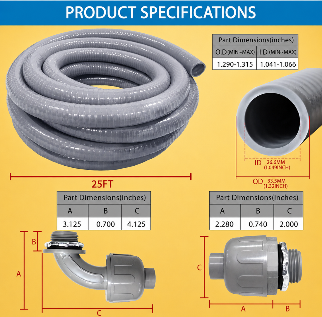 25-foot liquid-tight flexible conduit product specifications showing conduit inner and outer diameter, straight connector dimensions, and 90-degree fitting measurements.